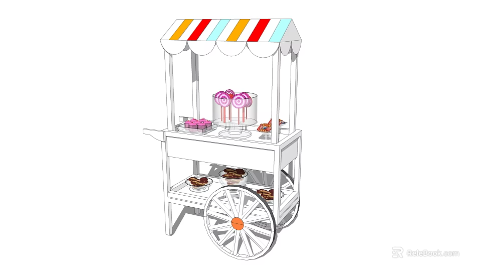 White Food Cart With Colorful Striped Canopy And Desserts On Shelves 3d model 