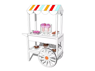 White Food Cart With Colorful Striped Canopy And Desserts On Shelves 3d model