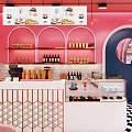 Pink Dessert Shop Interior Design With Arched Decor White Tables Chairs And Counter