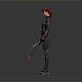 Woman With Red Hair In Black Tight Combat Suit Holding Weapons Standing Upright