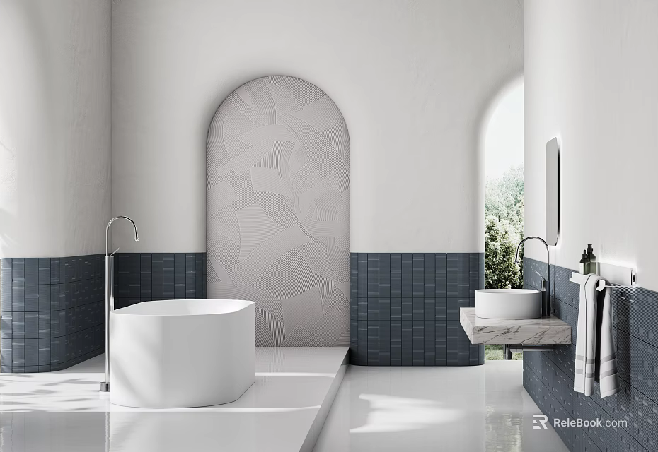Modern Bathroom Interior With White Bathtub Gray Arched Wall Dark Blue Tiles And Natural Light 3d model 