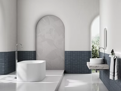 Modern Bathroom Interior With White Bathtub Gray Arched Wall Dark Blue Tiles And Natural Light 3d model