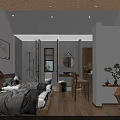 Cozy Hotel Guest Room With Comfortable Bed Decorative Paintings Wooden Flooring And Green Plant
