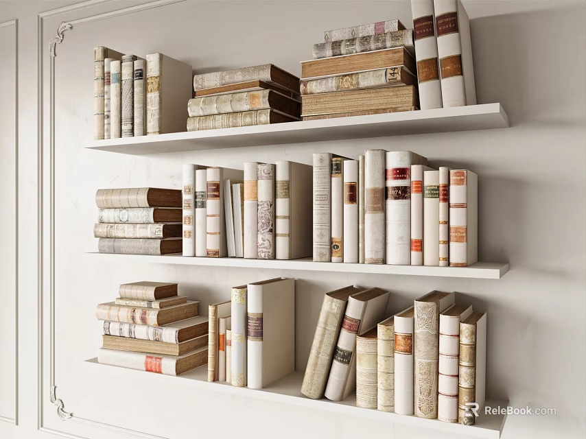 Stylish Interior Featuring Neatly Arranged Books And Magazines On White Bookshelves 3d model 