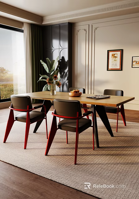 Dining Table and Red Leg Chairs with Vase Fruit Bowl Green Plant Near Window and Framed Painting 3d model 