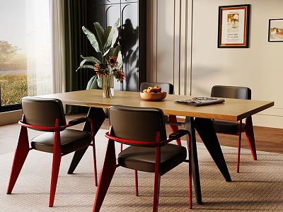 Dining Table and Red Leg Chairs with Vase Fruit Bowl Green Plant Near Window and Framed Painting 3d model