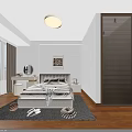 Modern Bedroom Interior With Cozy Bed Wooden Floor Large Window Curtains And Round Ceiling Light