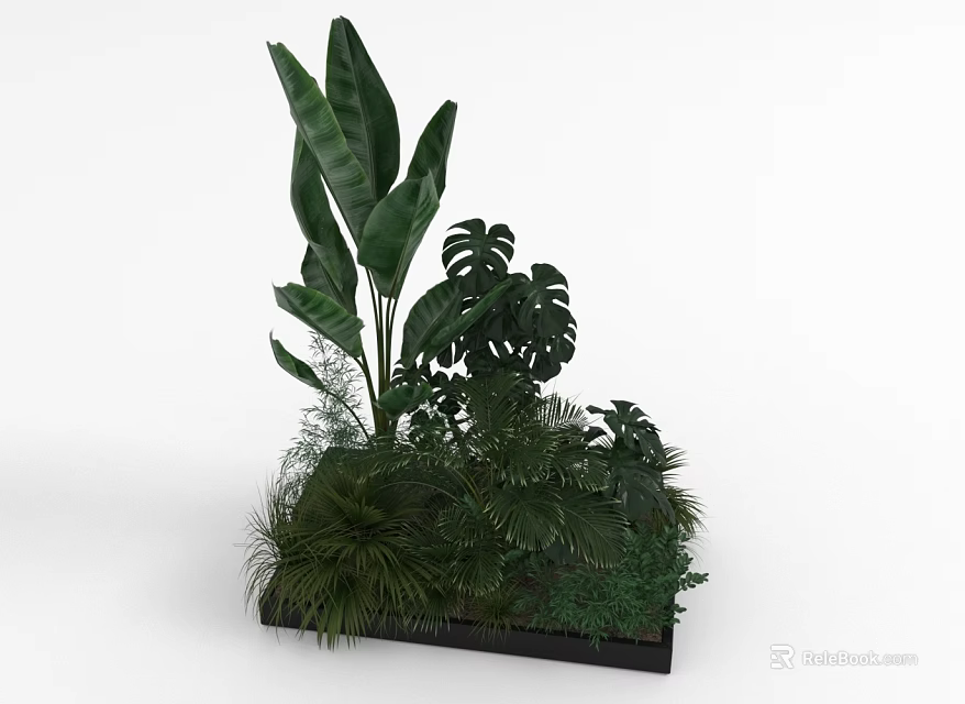 Tropical Mixed Greenery Arrangement With Large Leaves Monstera And Ferns In Black Planter Box 3d model 