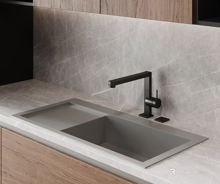 Modern Kitchen Sink And Faucet With Double Bowl Design On Marble Countertop Wooden Cabinets 3d model 