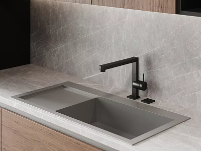 Modern Kitchen Sink And Faucet With Double Bowl Design On Marble Countertop Wooden Cabinets 3d model