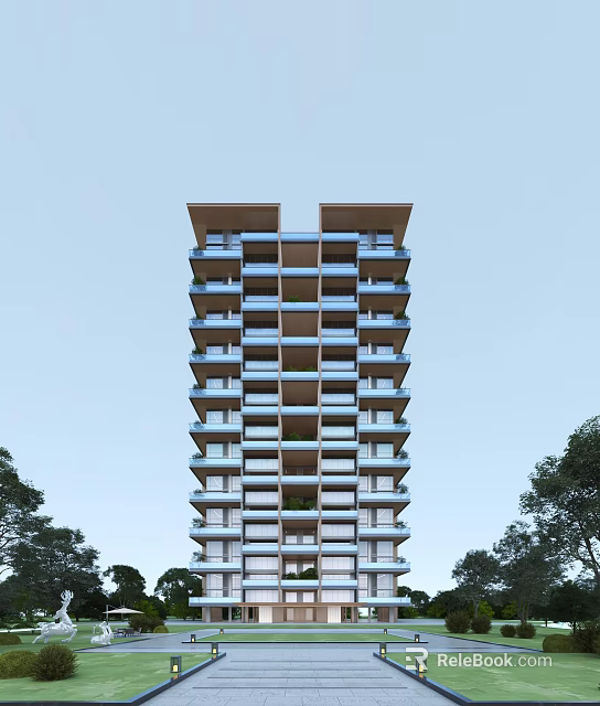 Modern High Rise Residential Building With Balconies Surrounded By Trees Under Clear Sky 3d model 