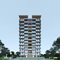 Modern High Rise Residential Building With Balconies Surrounded By Trees Under Clear Sky