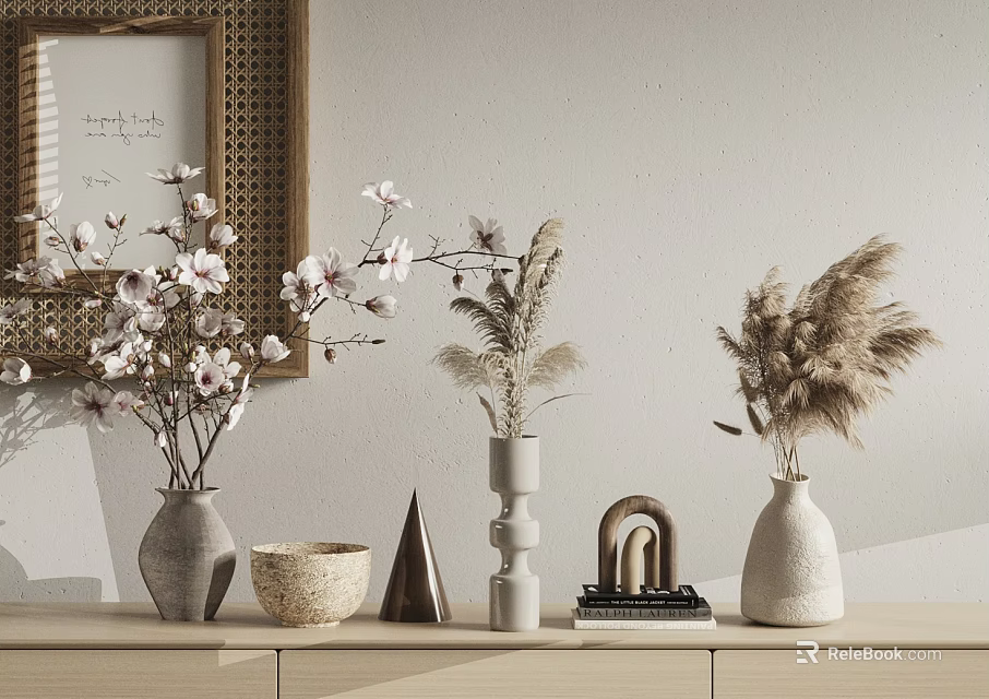 Elegant Ceramic Vases With Pink Flowers Dried Pampas Grass And Decorative Accents On Wooden Shelf 3d model 