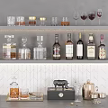 Wine Whiskey Bottles And Glassware Display On Bar Shelf With Herringbone Tile Background 3d model