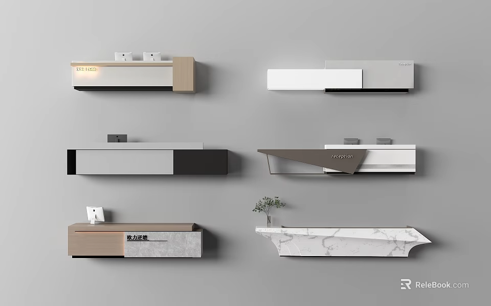 Modern Reception Desk Designs With Marble Counter And Wooden Cabinet Elements 3d model 