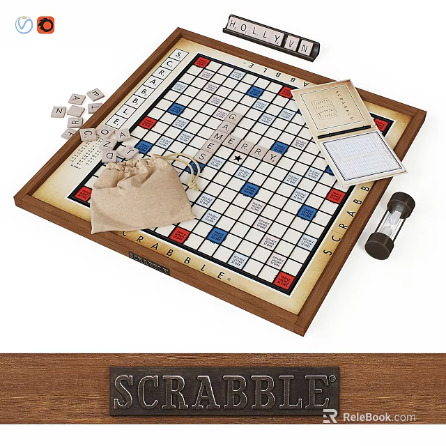Classic Scrabble Board Game Set With Wooden Frame Letter Tiles Timer And Score Sheets 3d model 