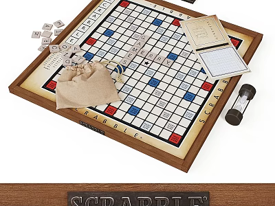 Classic Scrabble Board Game Set With Wooden Frame Letter Tiles Timer And Score Sheets 3d model