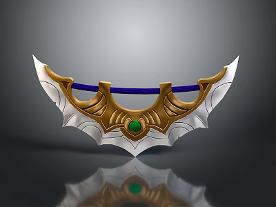 Ornate Bat Wing Shaped Weapon with Golden Decoration Green Gemstone and Blue Strap 3d model