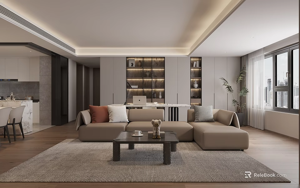 Modern Living Dining Room With Beige L Shaped Sofa Coffee Table And Open Shelves 3d model 