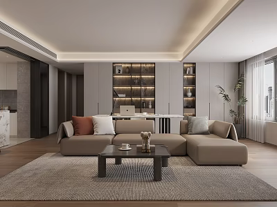 Modern Living Dining Room With Beige L Shaped Sofa Coffee Table And Open Shelves 3d model