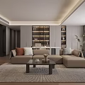 Modern Living Dining Room With Beige L Shaped Sofa Coffee Table And Open Shelves
