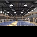 Sports Fitness Indoor Badminton Court With Blue Floor White Net And Round Ceiling Lights 3d model