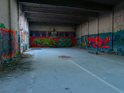 Abandoned Building Interior with Colorful Graffiti Art on Walls Empty Space and Exposed Ceiling Beams 3d model