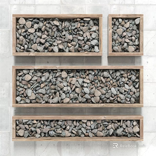 Wooden Boxes Filled With Stones Arranged On White Wall For Decorative Storage 3d model 