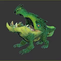Green And Yellow Fantasy Creature 3D Model With Open Mouth Sharp Teeth Claws 3d model