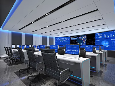 Modern Monitoring Room With Multiple Display Screens Control Workstations And Ergonomic Chairs 3d model