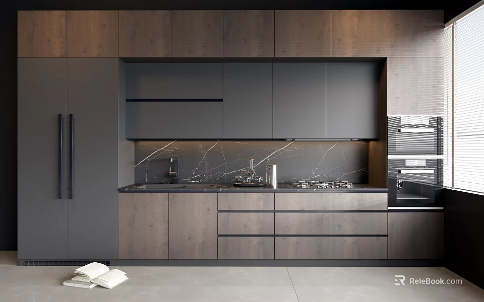 Modern Kitchen Design Featuring Dark Wood Cabinets And Marble Backsplash 3d model 