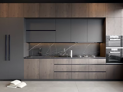 Modern Kitchen Design Featuring Dark Wood Cabinets And Marble Backsplash 3d model