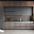 Modern Kitchen Design Featuring Dark Wood Cabinets And Marble Backsplash 3d model