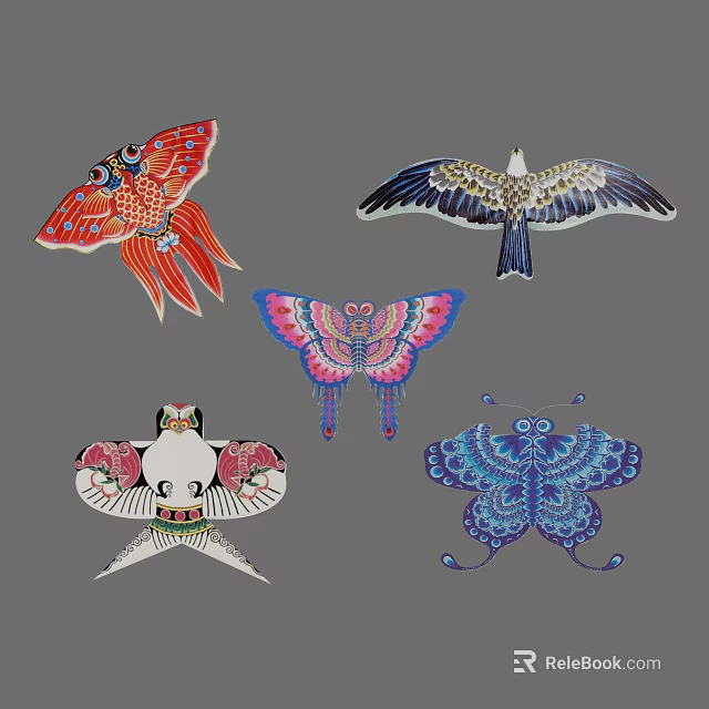 Colorful Traditional Kites With Various Shapes Like Fish Eagle Butterfly And Cat 3d model 