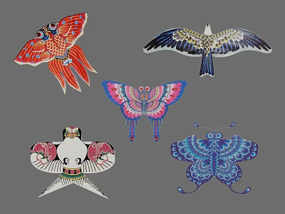 Colorful Traditional Kites With Various Shapes Like Fish Eagle Butterfly And Cat 3d model