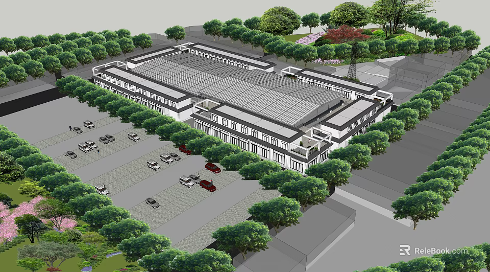 Modern Commercial Building Design With Surrounding Trees Parking Lot And Cars 3d model 