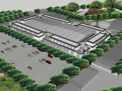 Modern Commercial Building Design With Surrounding Trees Parking Lot And Cars 3d model