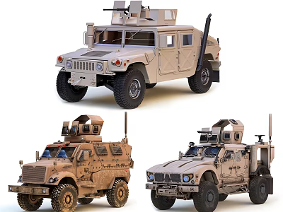 Desert Colored Military Armored Vehicles With Roof Mounted Weapon Systems And Varied Designs 3d model