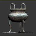 Ancient Bronze Ding With Intricate Carvings Two Handles Three Legs On Square Base