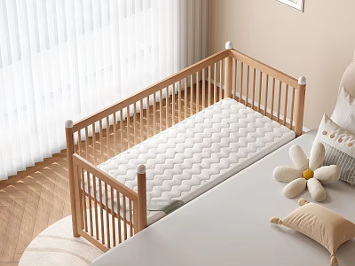 Natural Solid Wood Side Attached Baby Crib With Soft Breathable Mattress For Cozy Newborn Sleep 3d model