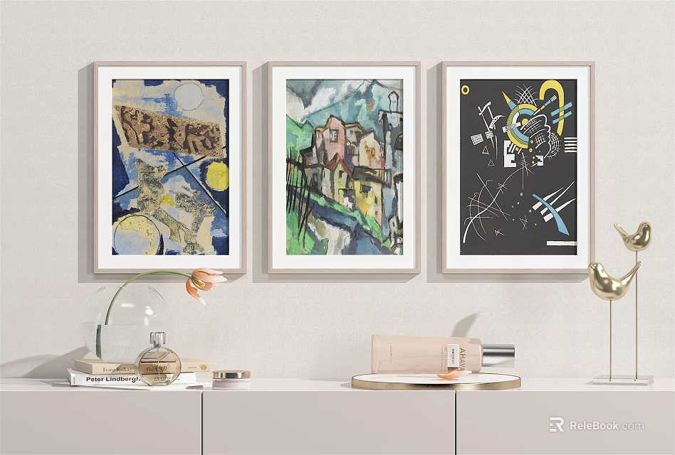Framed Abstract Paintings Hanging on White Wall with Decorative Objects and Books 3d model
