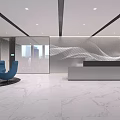 Modern Minimalist Office Reception Area With White Marble Floor And Comfortable Blue Lounge Chairs