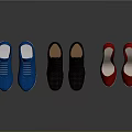 Fashionable Blue Sneakers Black Leather Shoes and Red High Heels Collection