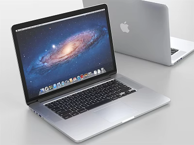 Sleek Apple Laptop Open Screen Showing Galaxy Display With Silver Body And Desktop Icons 3d model
