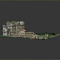Detailed Ruined Building Model With Overgrown Green Vegetation And Courtyard