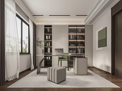 Modern Study Room Interior With Large Windows Bookcases And Desk 3d model