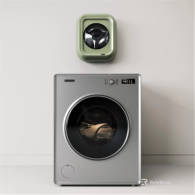 Green Wall Mounted and Gray Front Load Washing Machines on Wall and Floor 3d model 