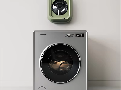 Green Wall Mounted and Gray Front Load Washing Machines on Wall and Floor 3d model