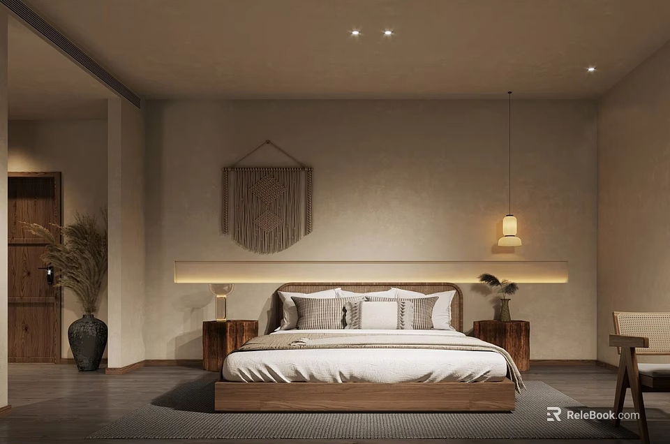 Minimalist Hotel Room Interior With Wooden Bed Woven Tapestry And Led Headboard Light 3d model 