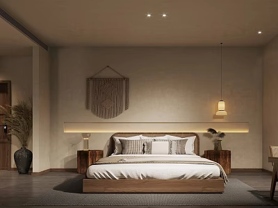 Minimalist Hotel Room Interior With Wooden Bed Woven Tapestry And Led Headboard Light 3d model